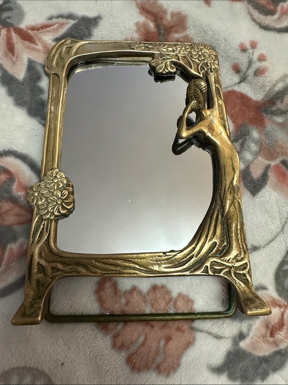 Brass Art Nouveau Table Mirror with Female Relief